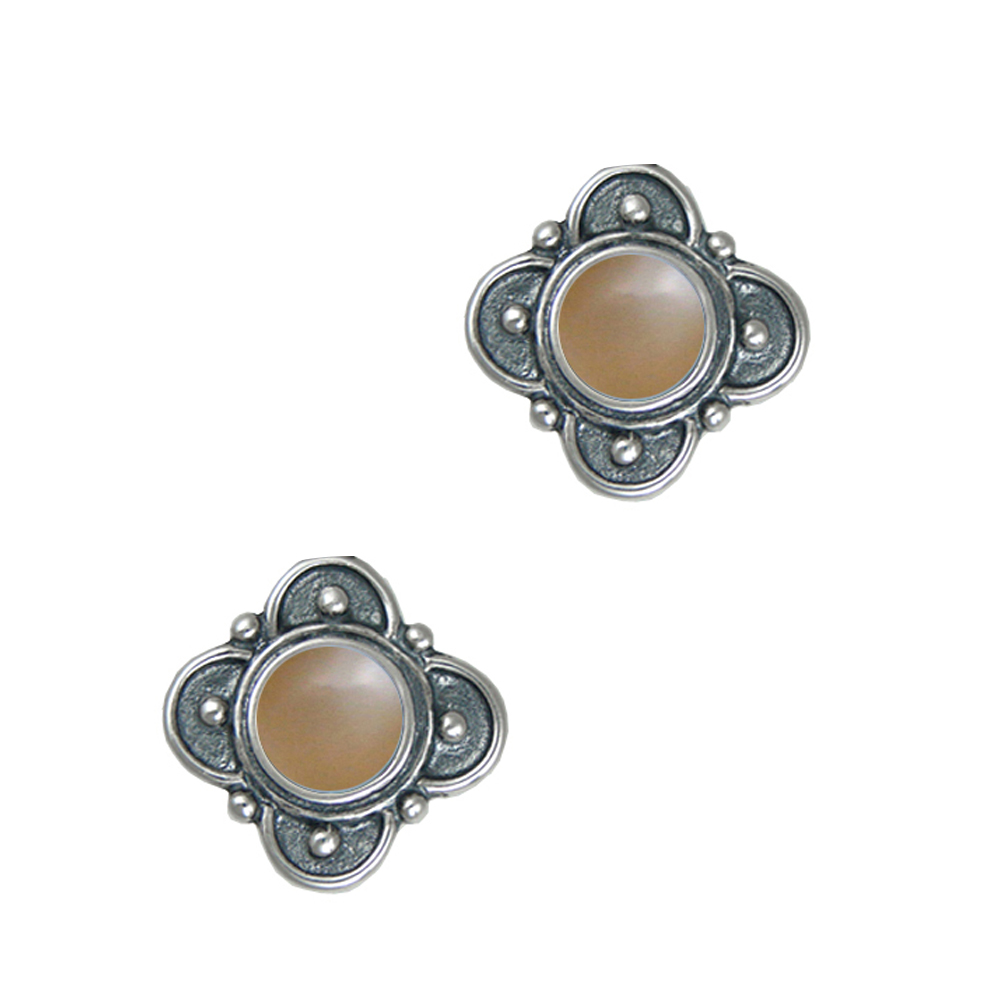 Sterling Silver Designer Post Stud Earrings With Peach Moonstone